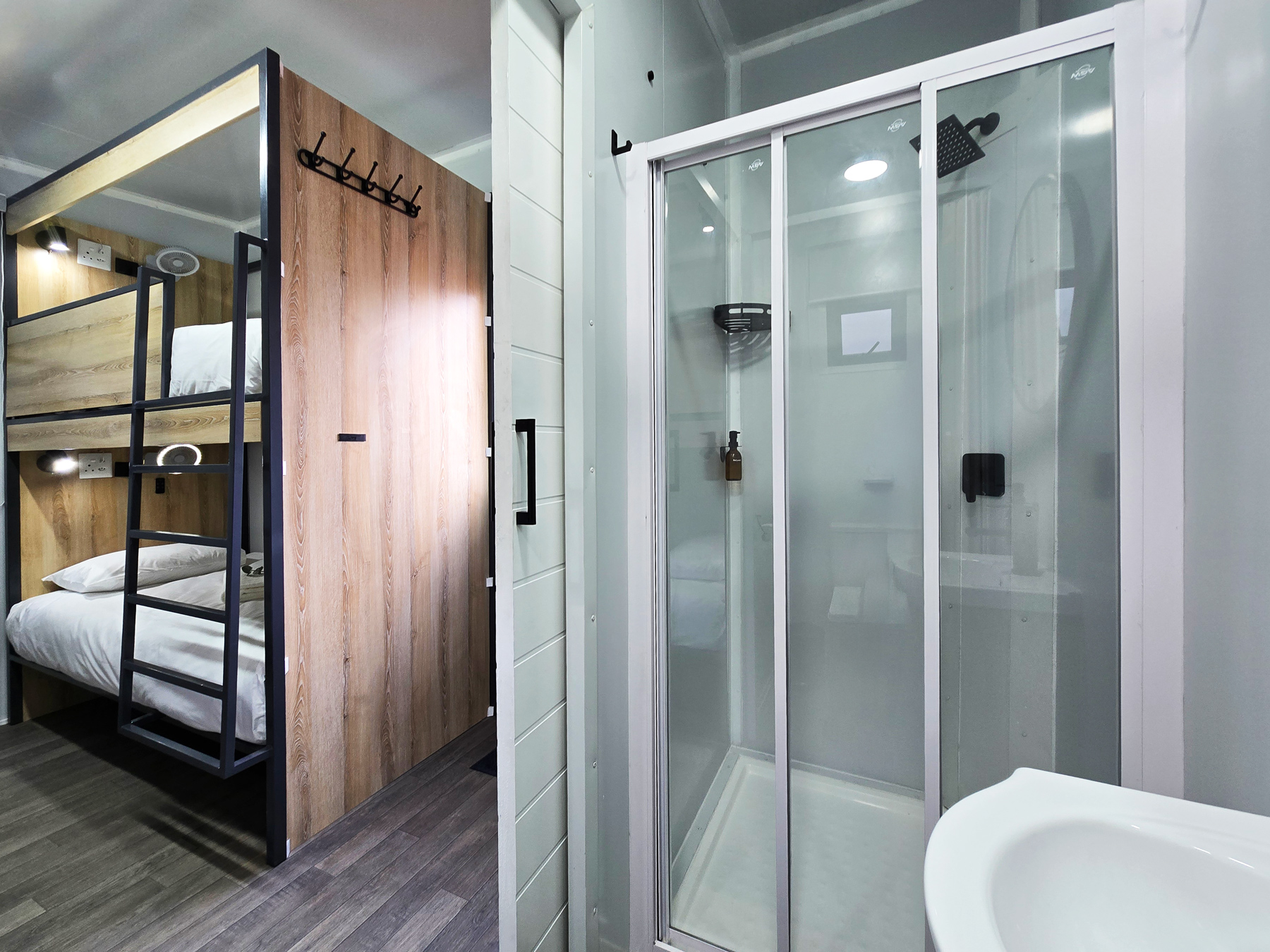Dormitory bunk beds and shower